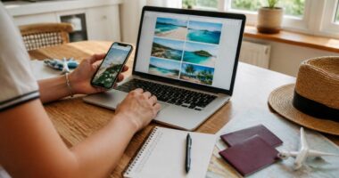 Een checklist voor vakantieplanning tijdens het vergelijken van reizen op laptop en smartphone