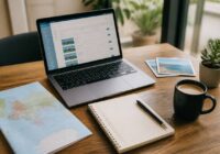 Checklist op een bureau voor vakantie vergelijken, met laptop en notitieblok