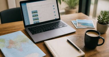 Checklist op een bureau voor vakantie vergelijken, met laptop en notitieblok