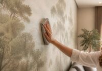Een persoon reinigt fotobehang voorzichtig met een microvezeldoek in een lichte woonruimte