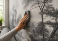 Iemand reinigt fotobehang voorzichtig met een zachte microvezeldoek