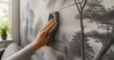 Iemand reinigt fotobehang voorzichtig met een zachte microvezeldoek