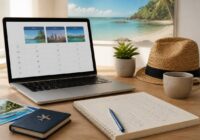 Een realistische scène van vakanties vergelijken met notities op een bureau en een laptop op de achtergrond