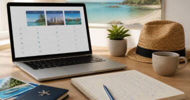 Een realistische scène van vakanties vergelijken met notities op een bureau en een laptop op de achtergrond