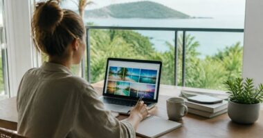 Iemand vergelijkt vakanties op een laptop met notitieblok en pen